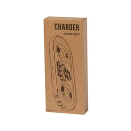 A wireless charger in a rectangular cardboard box featuring a bamboo design and a logo.