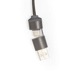 A grey USB drive with a detachable connector, featuring a smooth design and subtle branding.