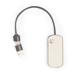 A grey Nylox USB drive with a flexible cord, featuring a branding logo on one side.