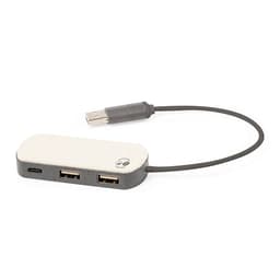 A USB hub with a grey and cream design, featuring one USB-C port and two USB-A ports, connected by a cable.