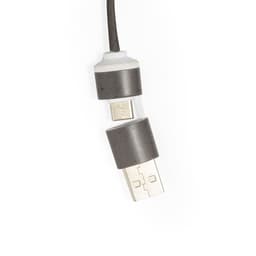 A USB drive in grey and white, featuring a connector housed in a protective casing. It includes a logo.