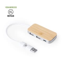 A bamboo USB hub with a silver base, featuring multiple ports and a white cable attached.