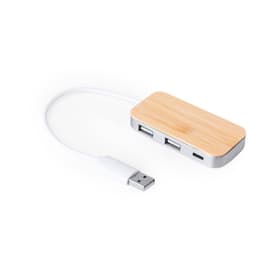 A USB hub with a bamboo top and metallic base, featuring multiple ports and a white cable.