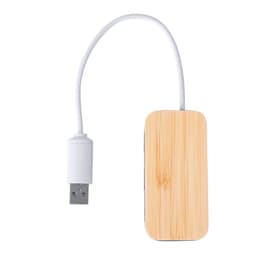 A USB hub with a wooden finish, featuring a white cable for connectivity. Includes a logo on the surface.