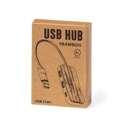 A USB hub with a bamboo finish, featuring a connector and two USB ports, presented in eco-friendly packaging.