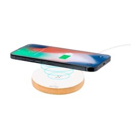 A wireless charger with a wooden base, featuring a smartphone displayed above it, indicating a charging status.