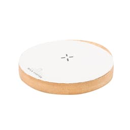 A round wireless charger with a white top and natural wood base, featuring a logo on the side.
