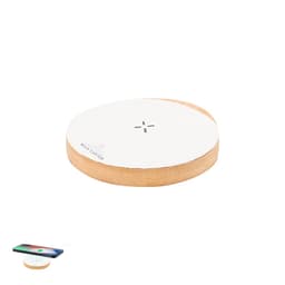 A wireless charger with a circular design featuring a white top and a textured brown base, including a logo.