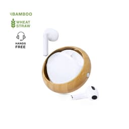 A pair of white earbuds placed inside a circular bamboo charging case, featuring a natural wood finish.
