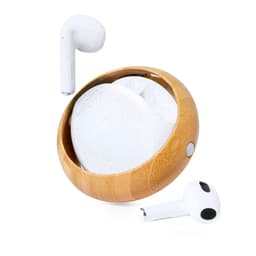 A pair of white earphones resting in a circular bamboo case. The case features a smooth finish.