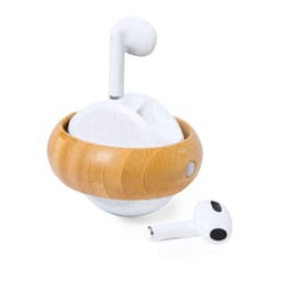 Krofin Earphones in white with a wooden holder, showcasing a sleek design for phone and technology use.