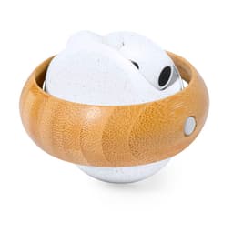 A pair of white earphones nestled in a circular bamboo case. The case features a smooth, natural finish.