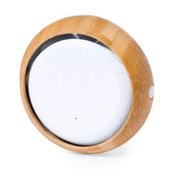 A circular Bluetooth speaker with a bamboo casing and a white speaker grille.