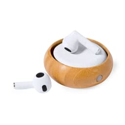 White earphones resting in a round wooden case, with one earphone lying beside it. The case features a subtle logo.