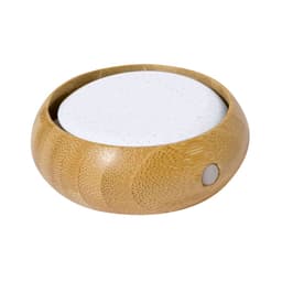 A bamboo coasters with a smooth white surface and a small circular button on the side.