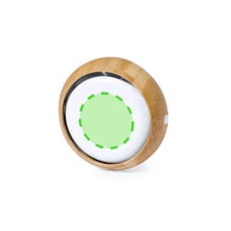 A round speaker with a bamboo exterior and a white, speckled surface, featuring a green circular design on top.