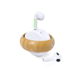 A pair of white earbuds with a bamboo charging case, featuring a logo on the case.