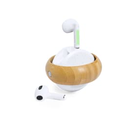 A pair of white earphones with a bamboo charging case, featuring a sleek design and modern aesthetics.
