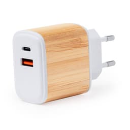 A USB charger with a bamboo design and white accents, featuring one USB-C and one USB-A port.