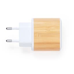 A USB charger with a bamboo-style wooden casing and white accents, featuring two prongs for plugging in.