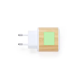 A USB charger with a white plug and a bamboo textured body, featuring a blank green area for custom branding.