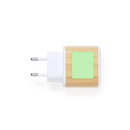 A USB charger with a wooden design and white accents, featuring a square area for custom branding.