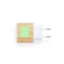 A USB charger featuring a bamboo body and white plug, with a blank green square area.