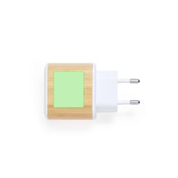 A USB charger with a bamboo casing and white plugs, featuring a blank area for custom branding.