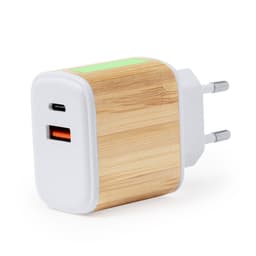 A USB charger with a bamboo design, featuring a USB-C port and a standard USB port, predominantly in white and natural wood tones.