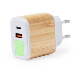 A USB charger with a bamboo design, featuring one USB-C port and one USB-A port. It has a white base and plug.