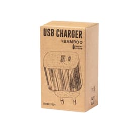 A USB charger in a brown cardboard box featuring a bamboo design and wheat straw elements. It has a logo on the packaging.