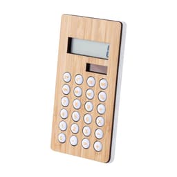 A bamboo calculator featuring a white keypad and an LCD display. It has a sleek, modern design.