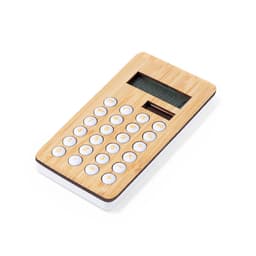 A bamboo calculator with a digital display and white buttons, featuring a sleek, natural design.