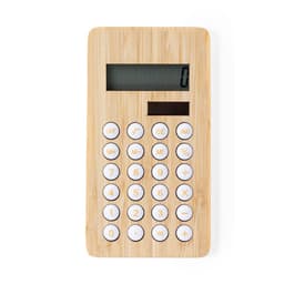 A bamboo calculator with a digital display and white buttons, featuring a minimalist design.