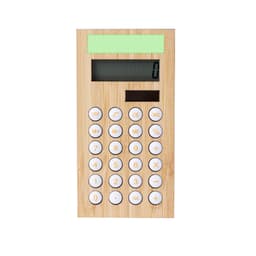 A bamboo calculator featuring a digital display and white buttons, ideal for office and business use.