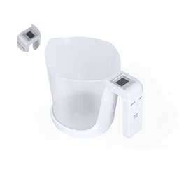 A white measuring jug with a digital display and a handle, featuring measurement markings on the side.