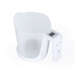 A white measuring scale with a transparent bowl and digital display for measuring liquids. It features a logo on the side.