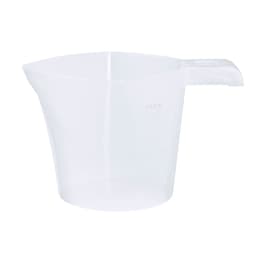 A white plastic measuring scale with a spout and measurement markings on the side.