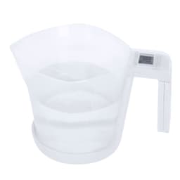 A clear plastic measuring jug with a handle and a digital display on the side, filled with water.