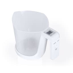 A clear plastic measuring scale in white with a digital display and measurement unit switch.