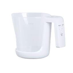 A white measuring scale with a clear cup and a handle, featuring buttons for unit selection and an on/off function.