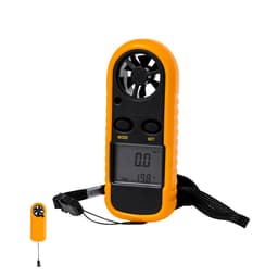 A handheld anemometer in bright orange with a digital display and buttons, featuring a wrist strap for easy carrying.