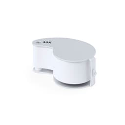 A white promotional gadget with a rounded, compact design, featuring a logo and a 30X reference.
