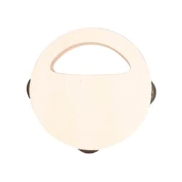 A round wooden item with a handle and three black wheels, featuring a natural wood finish.