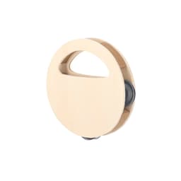 A circular novelty item with a handle, featuring two moving wheels, in a cream colour. It has a branding logo.