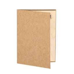 A kraft folder with a wooden spine, featuring a logo, showcasing a natural brown colour.