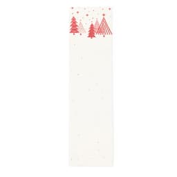 A bookmark featuring a white background decorated with red stylised Christmas trees and stars. It has a simple, festive design.