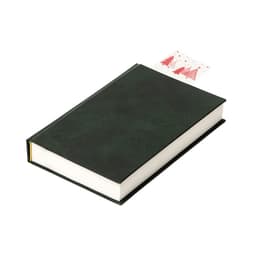 A dark green book with a blank spine and a festive bookmark featuring red trees.