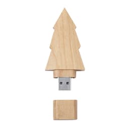 A wooden USB drive shaped like a Christmas tree, with a removable cap, showcasing natural wood colour.