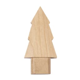A wooden tree figurine with a natural finish, featuring a pointed top and a square base.